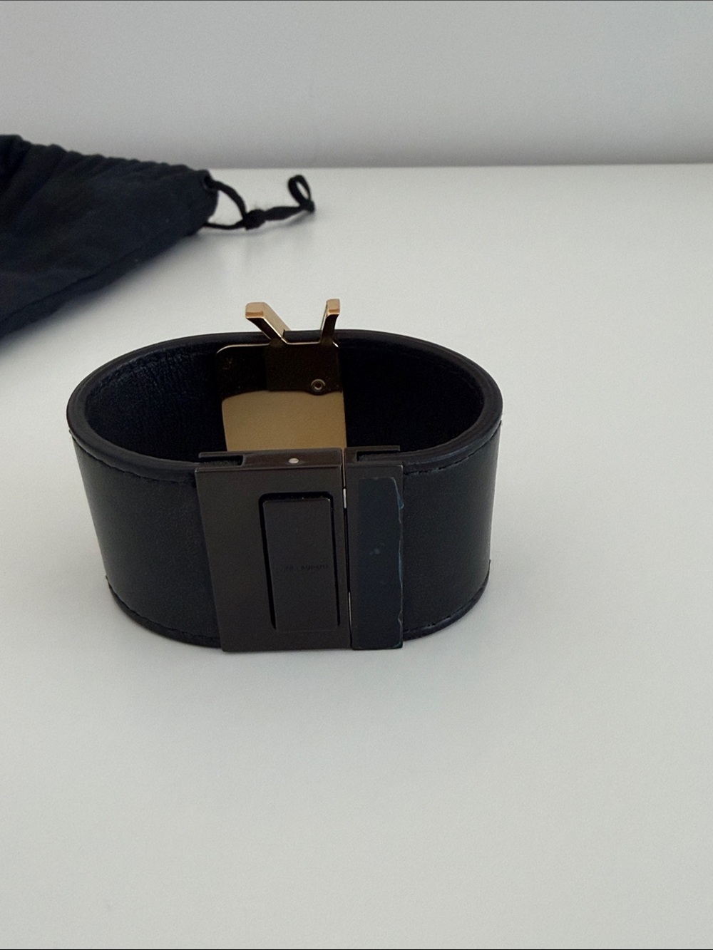 Saint Laurent Black Leather Cuff with Gold YSL Logo - Picture 3 of 4
